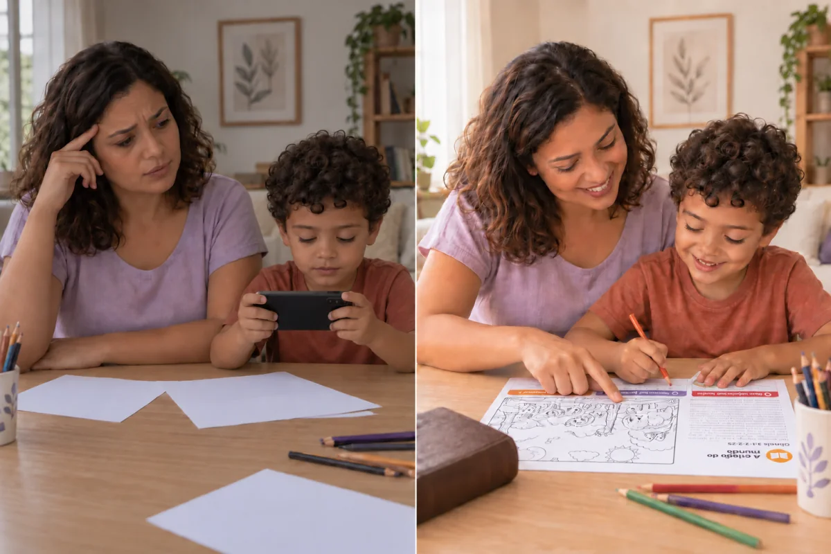 Cena ilustrativa de antes e depois: à esquerda, menino jogando no celular ao lado da mãe levemente preocupada, em uma cena mais apagada; à direita, mãe e filho sorrindo enquanto fazem a atividade A criação do mundo juntos