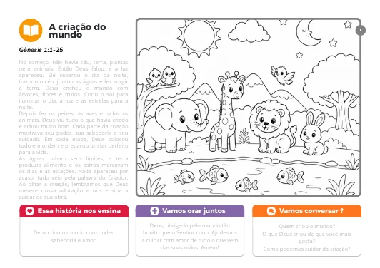 Página A criação do mundo, com história, oração, perguntas e desenho para colorir