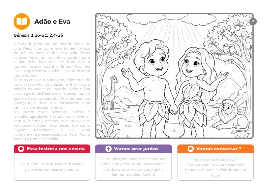 Página Adão e Eva, com história e atividade para colorir